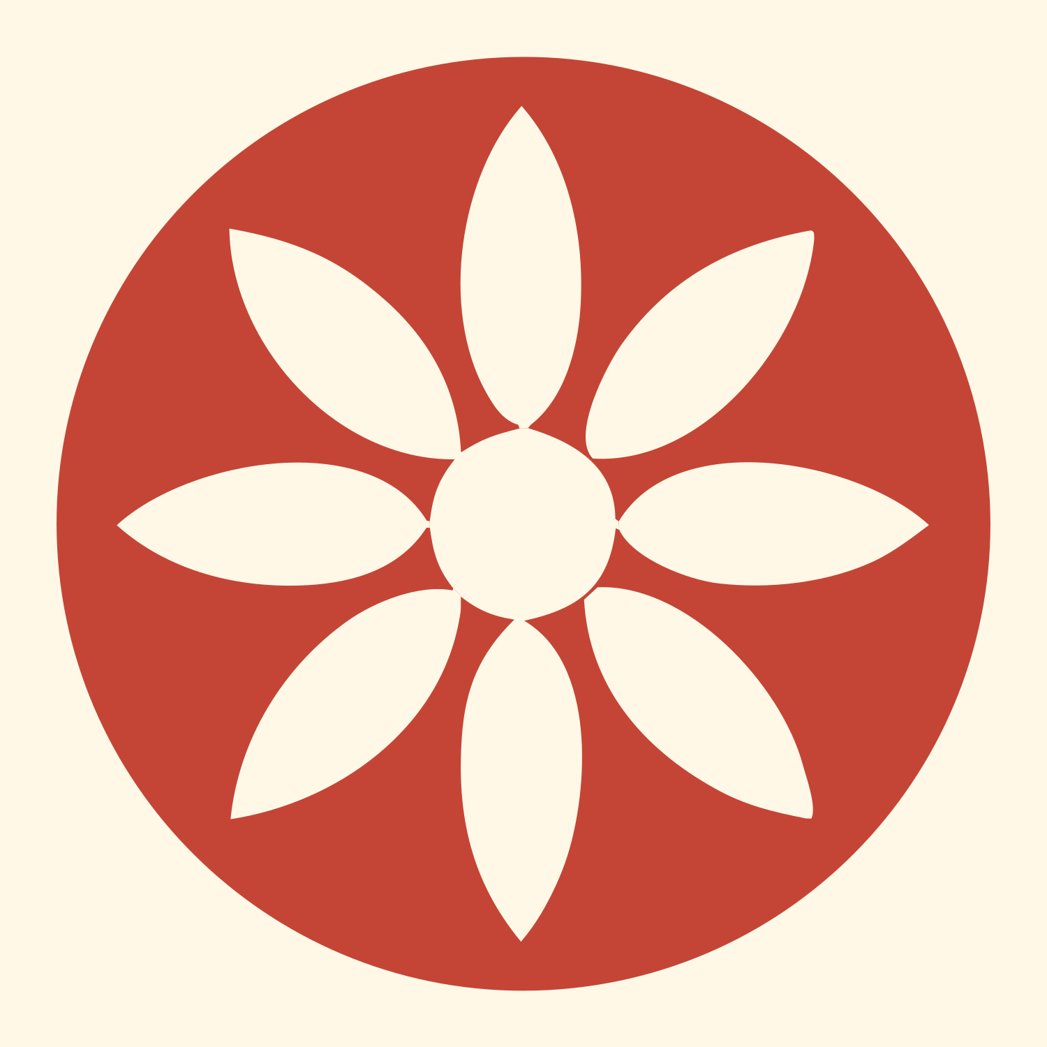 Eight Petal Flower Circle Logo #fff8e7/#c44536