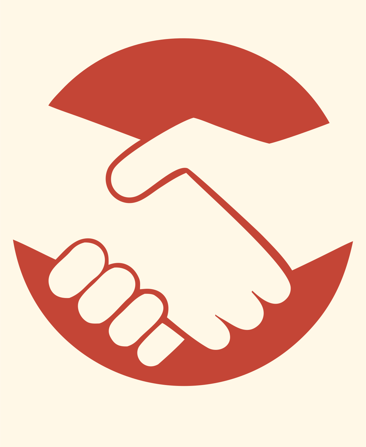Negative Space Handshake Round Logo #fff8e7/#c44536