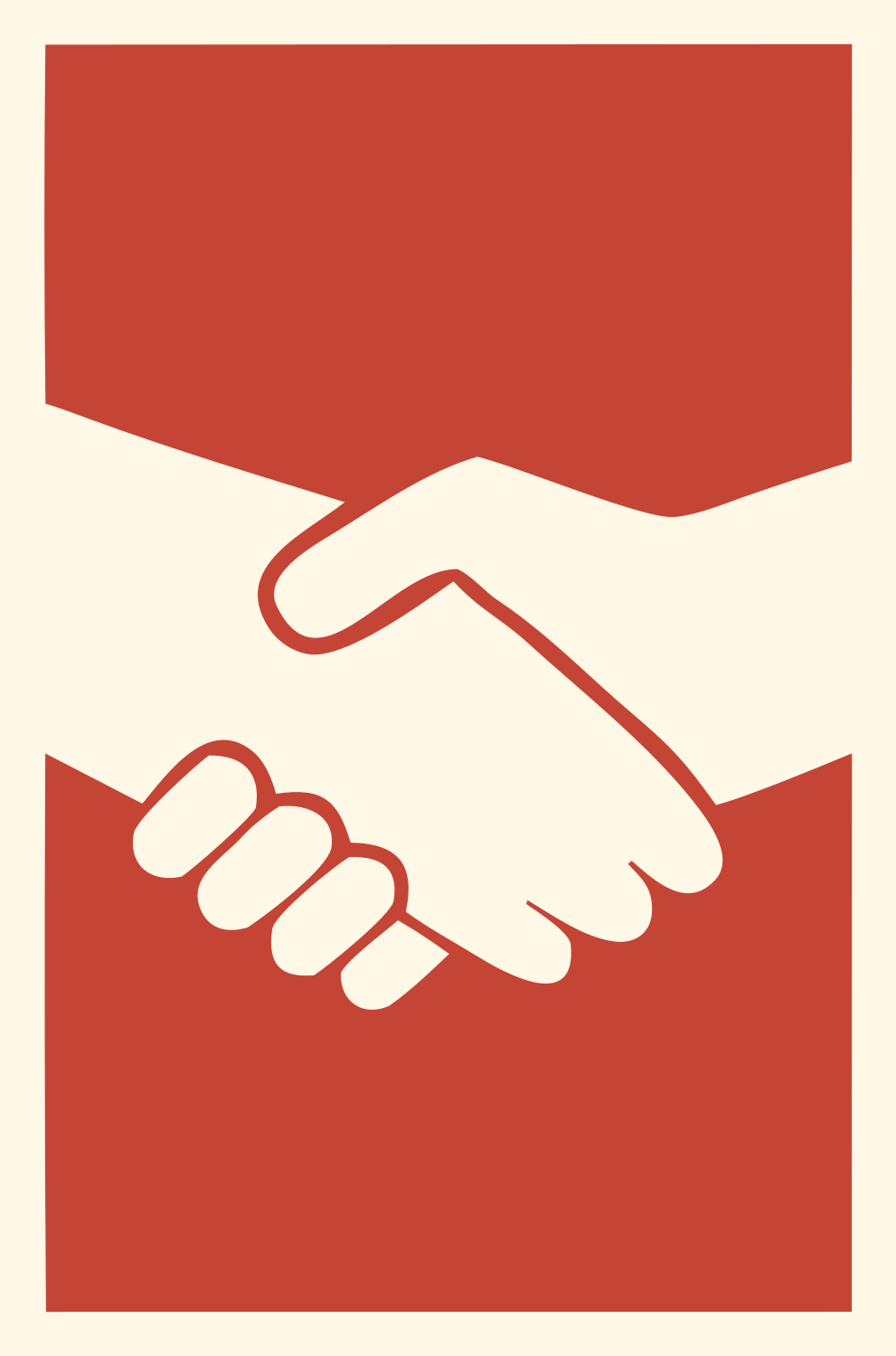 Negative Space Handshake Portrait Logo #fff8e7/#c44536