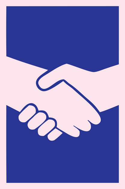 Negative Space Handshake Portrait Logo #fce4ec/#283593