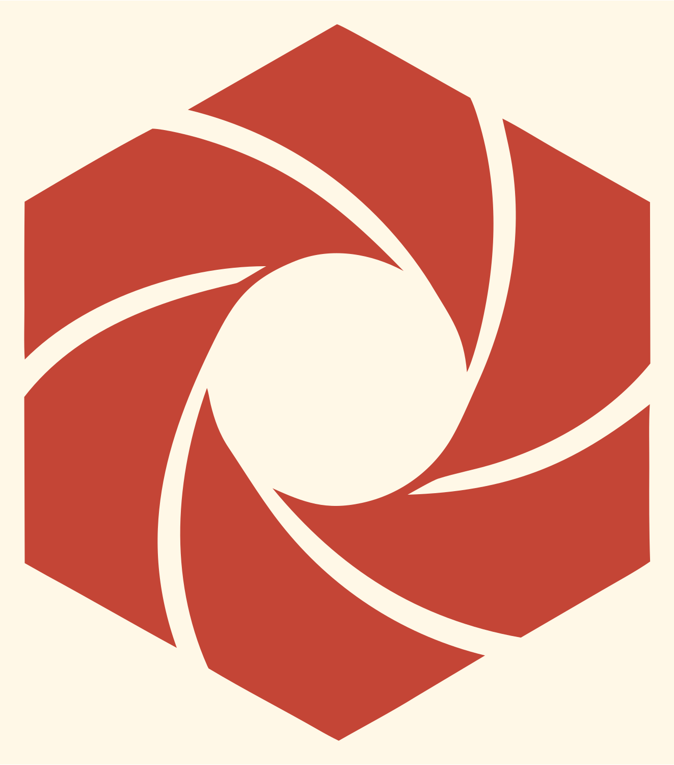 Hexagon Swirl Spiral Logo #fff8e7/#c44536