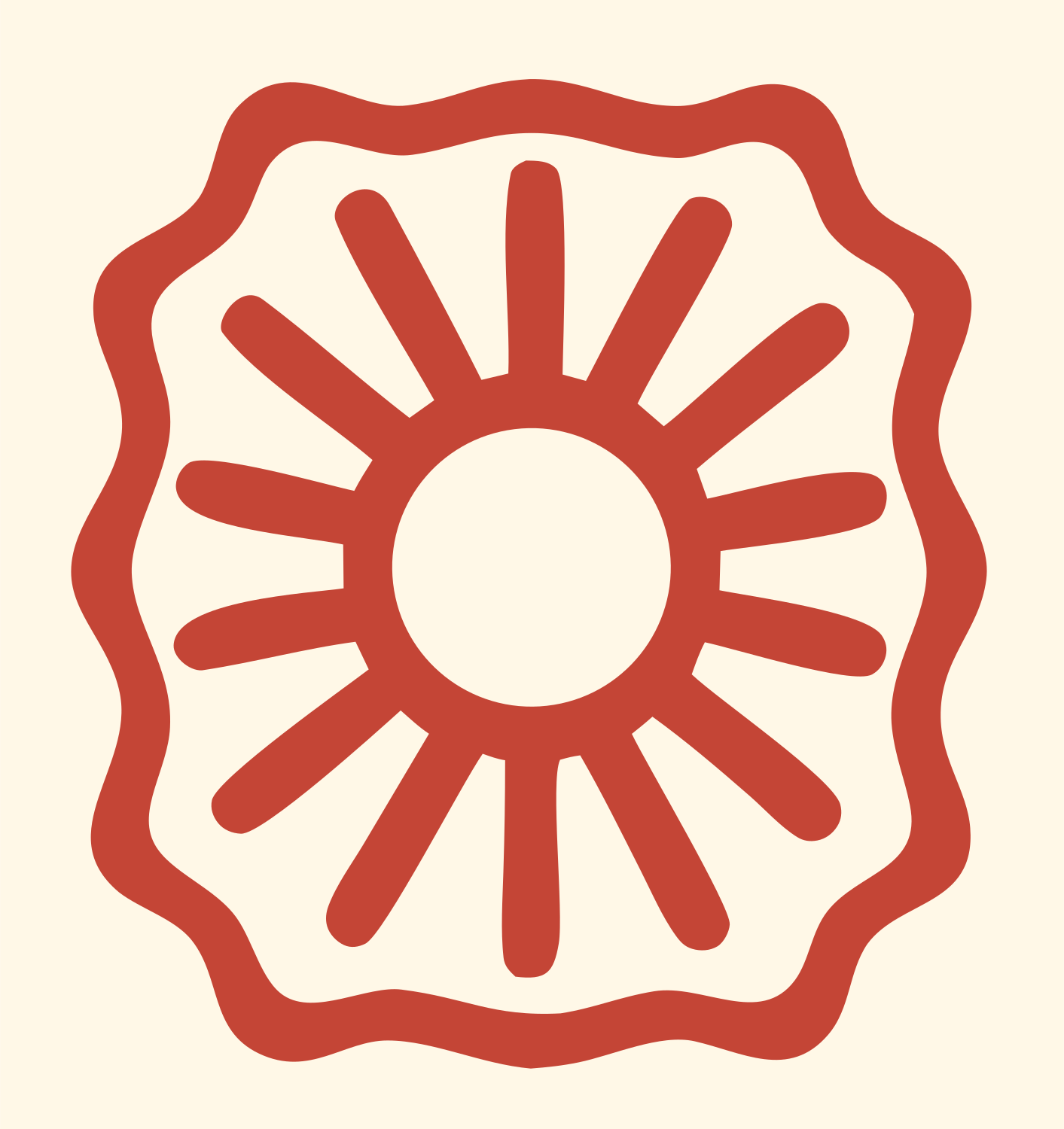 Sun Rays Saw Badge Logo #fff8e7/#c44536