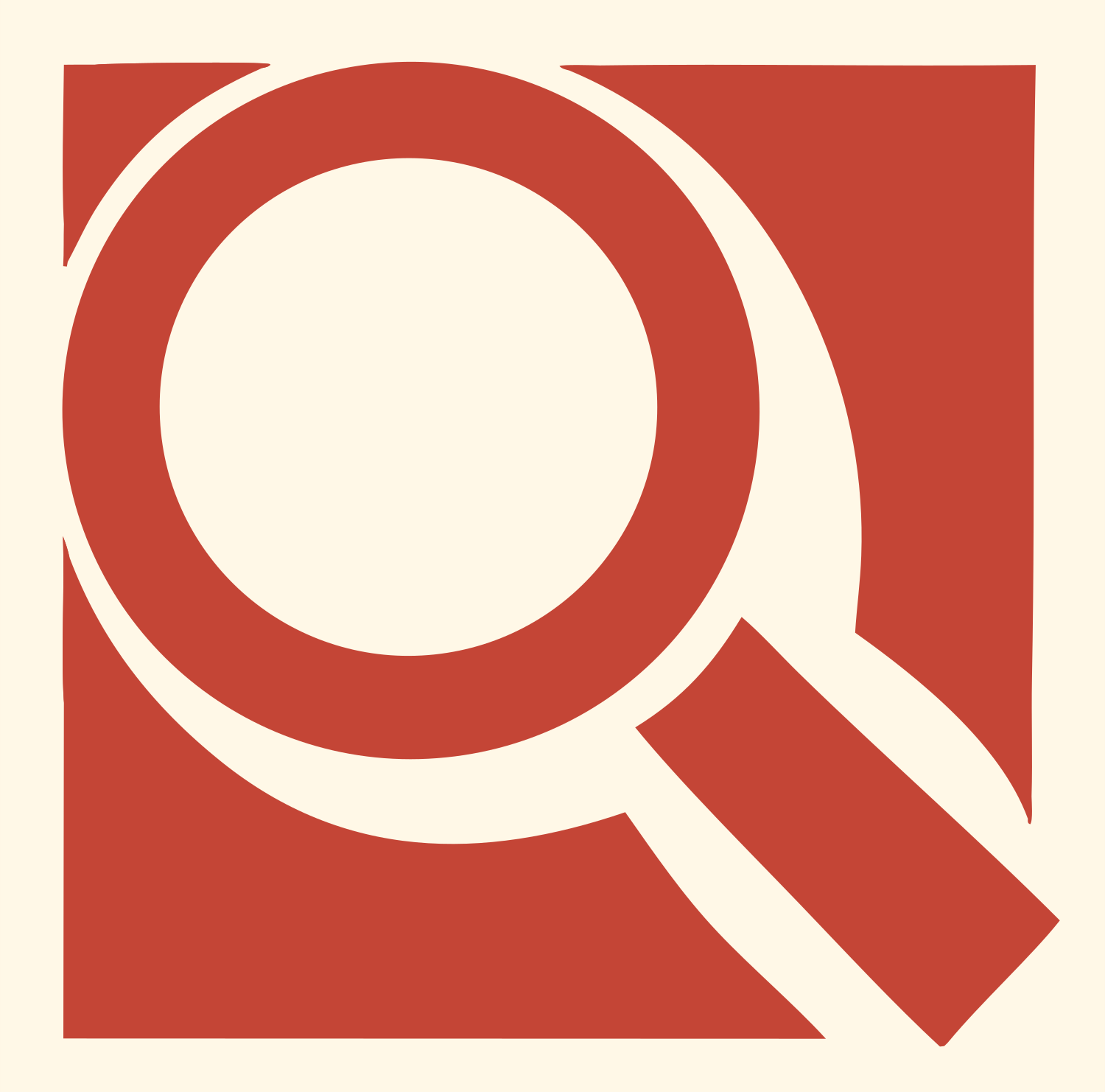 Bold Magnifying Glass Logo #fff8e7/#c44536