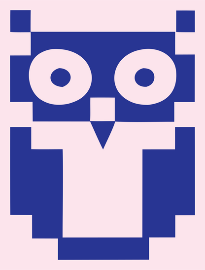 Chunky Pixel Art Owl Mascot Badge #fce4ec/#283593
