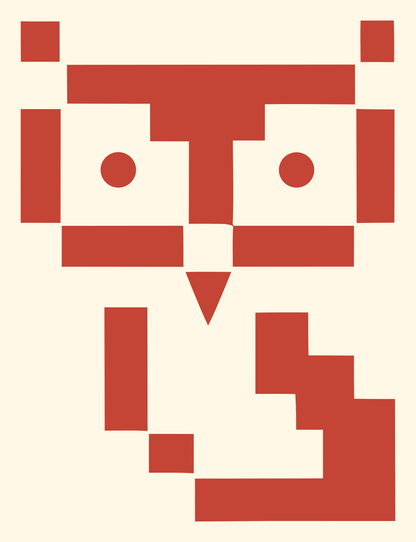 Blocky Pixel Front-Facing Owl Mark #fff8e7/#c44536