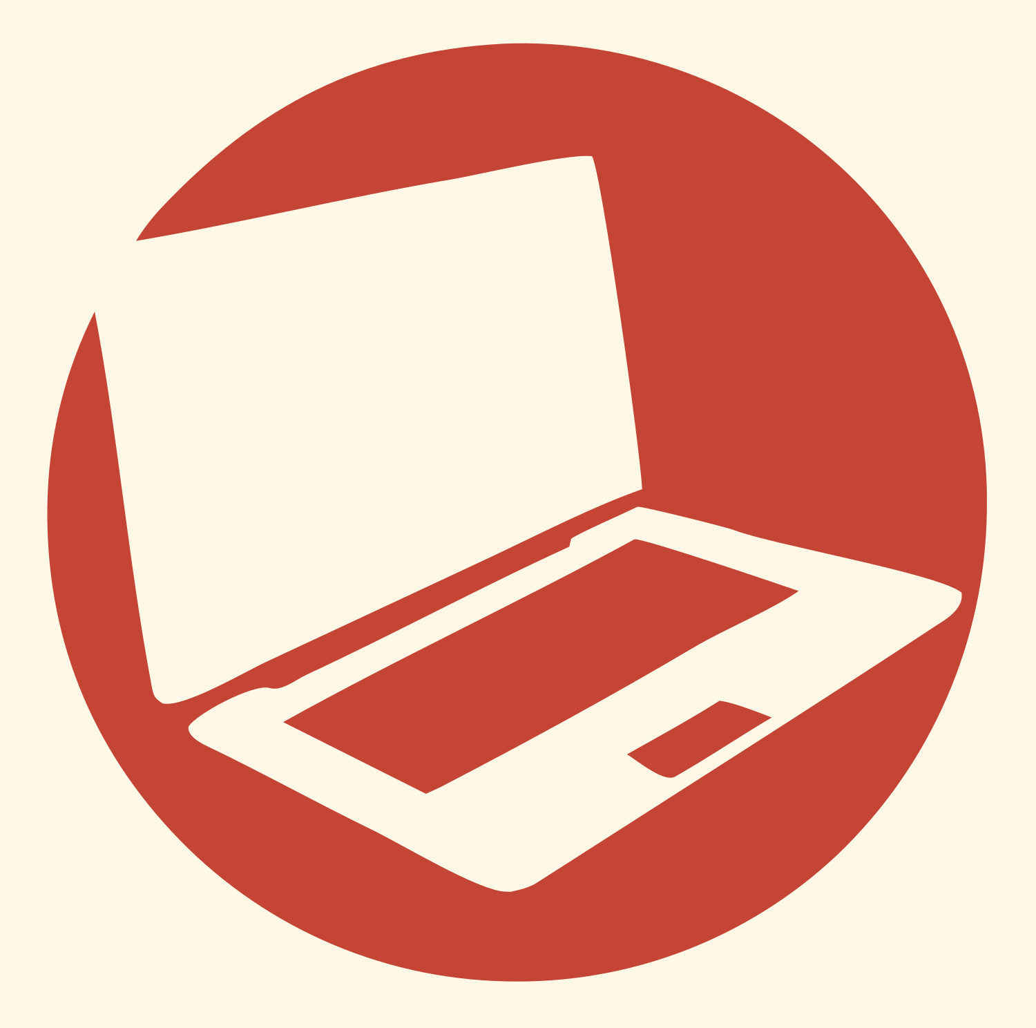 Cutout Tilted Laptop Screen Circle Emblem #fff8e7/#c44536