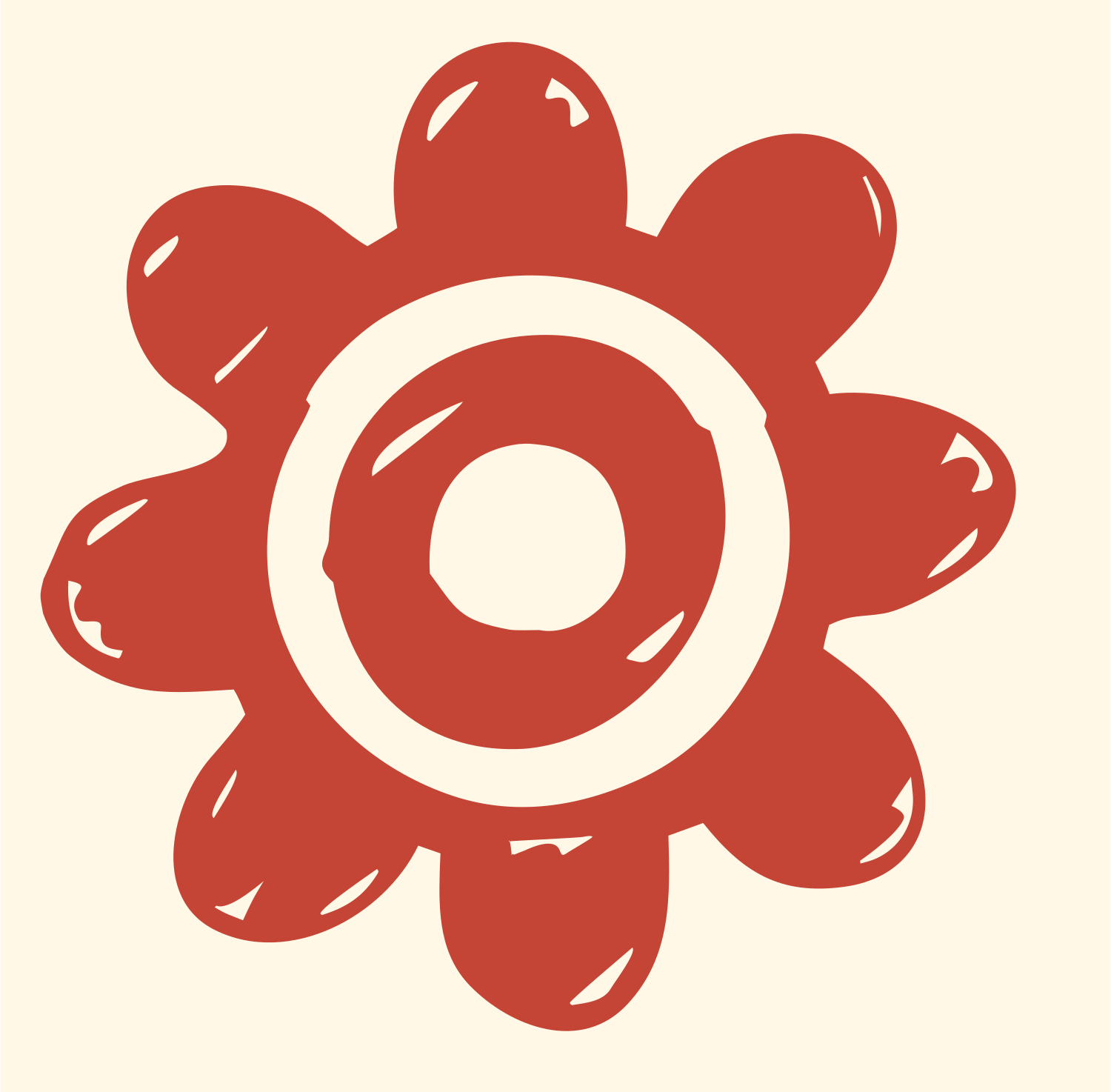 Hand-Drawn Chunky Eight-Lobe Gear Emblem #fff8e7/#c44536