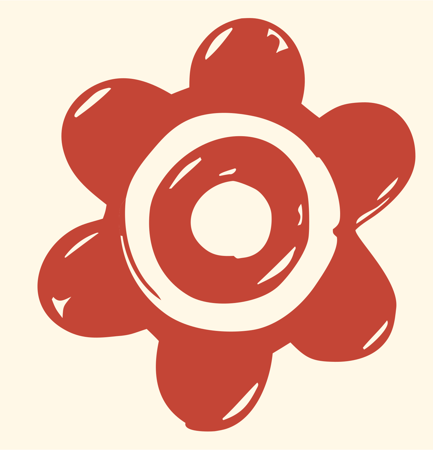 Hand-Drawn Bubbly Six-Petal Flower Gear Mark #fff8e7/#c44536