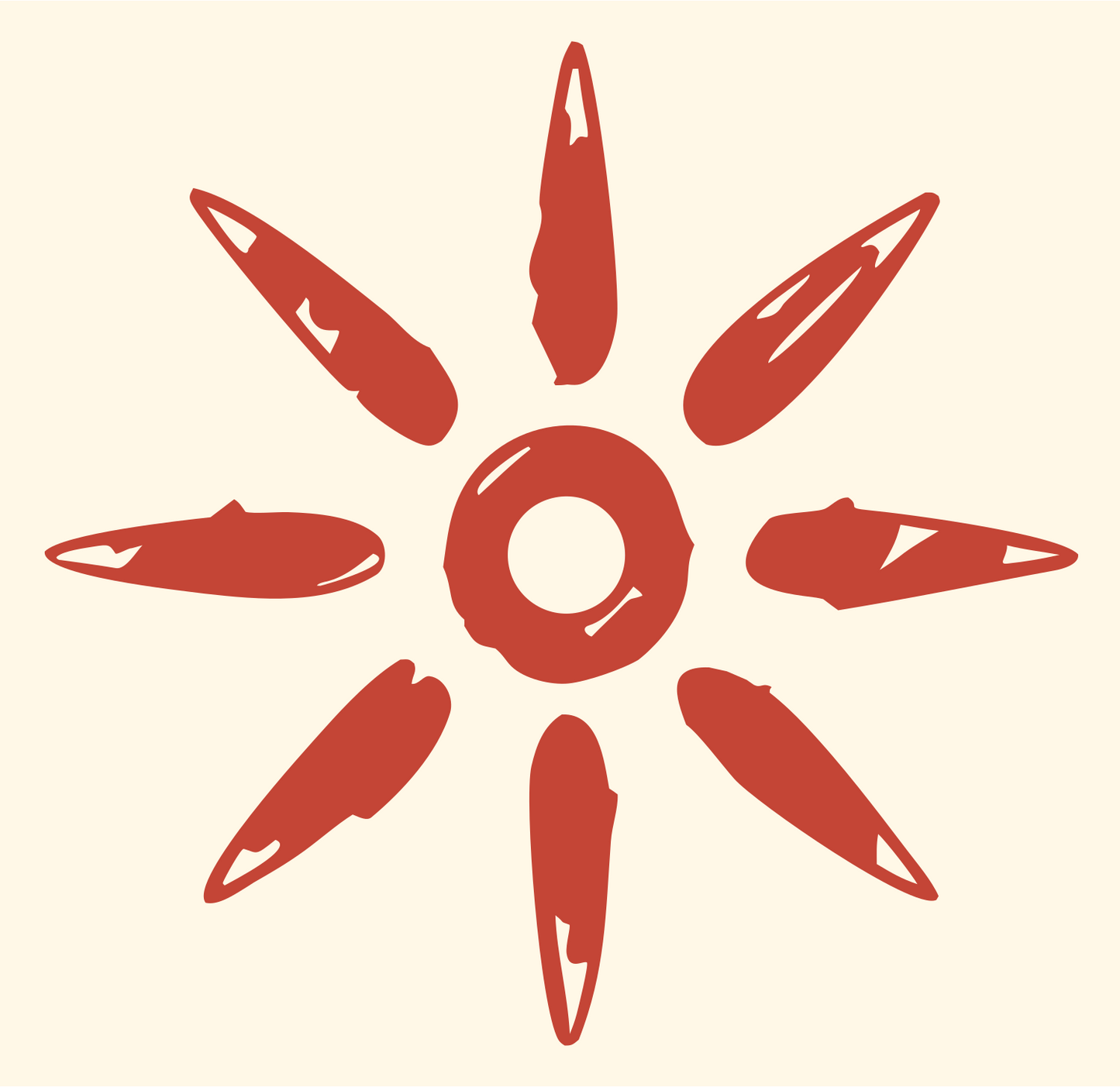 Hand-Drawn Bullet Ray Sun Gear Mark #fff8e7/#c44536