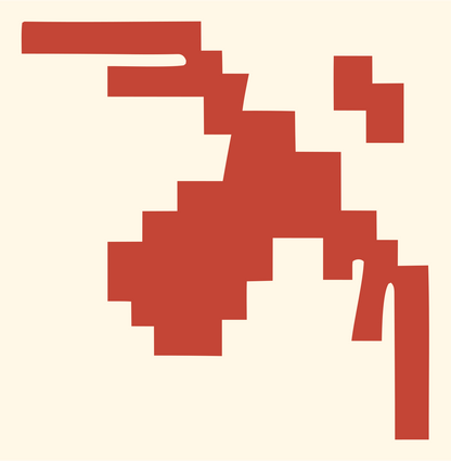 Pixel Art Blocky Orbiting Satellite Badge #fff8e7/#c44536