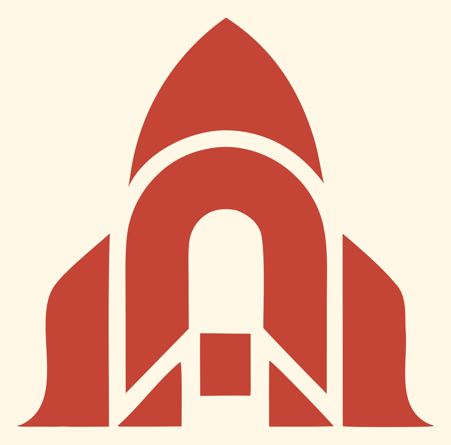 Layered Overlap Rocket Fuselage Arch Badge #fff8e7/#c44536