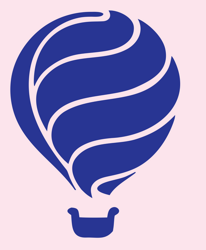 Swooping Ribbon Panel Balloon Basket Crest #fce4ec/#283593