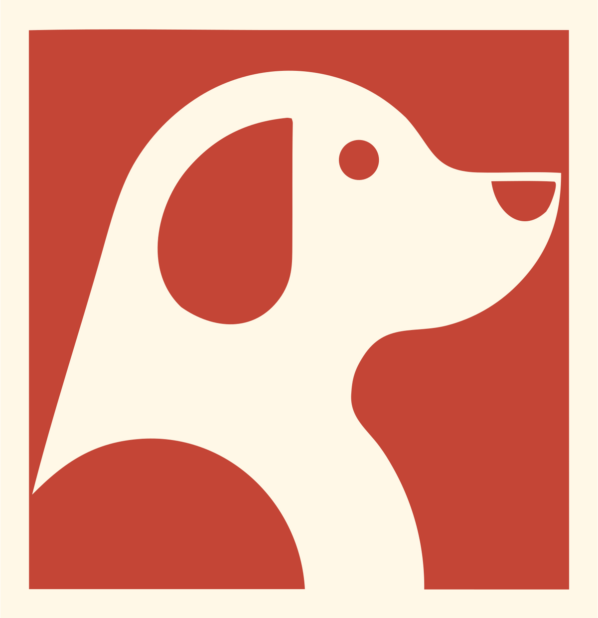 Negative Space Sitting Puppy Profile Badge #fff8e7/#c44536