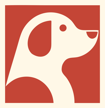 Negative Space Sitting Puppy Profile Badge #fff8e7/#c44536