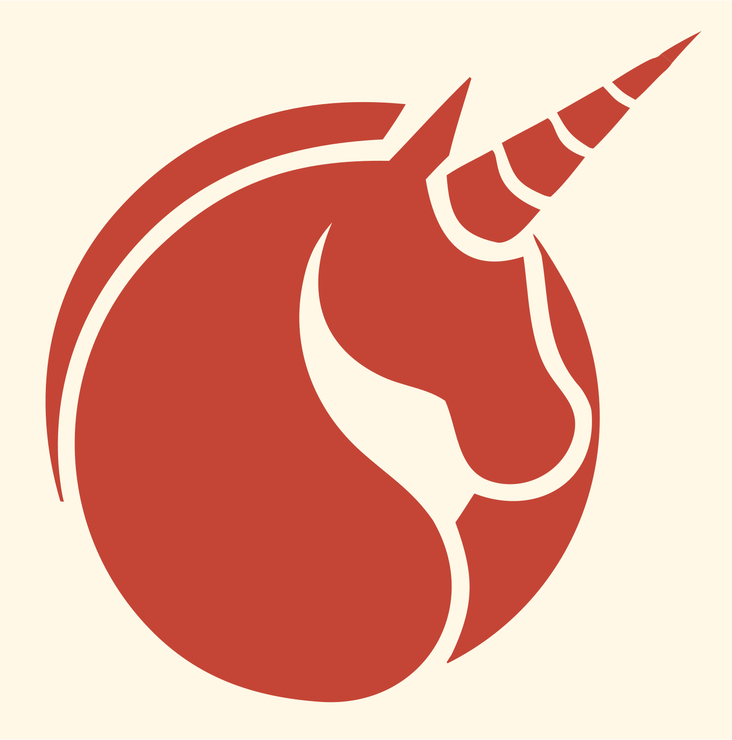 Circular Framed Spiral Horn Unicorn Emblem #fff8e7/#c44536