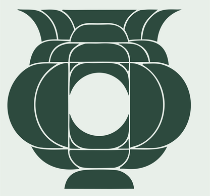 Layered Overlap Bulbous Urn Cauldron Crest #e8efe9/#2d4a3e