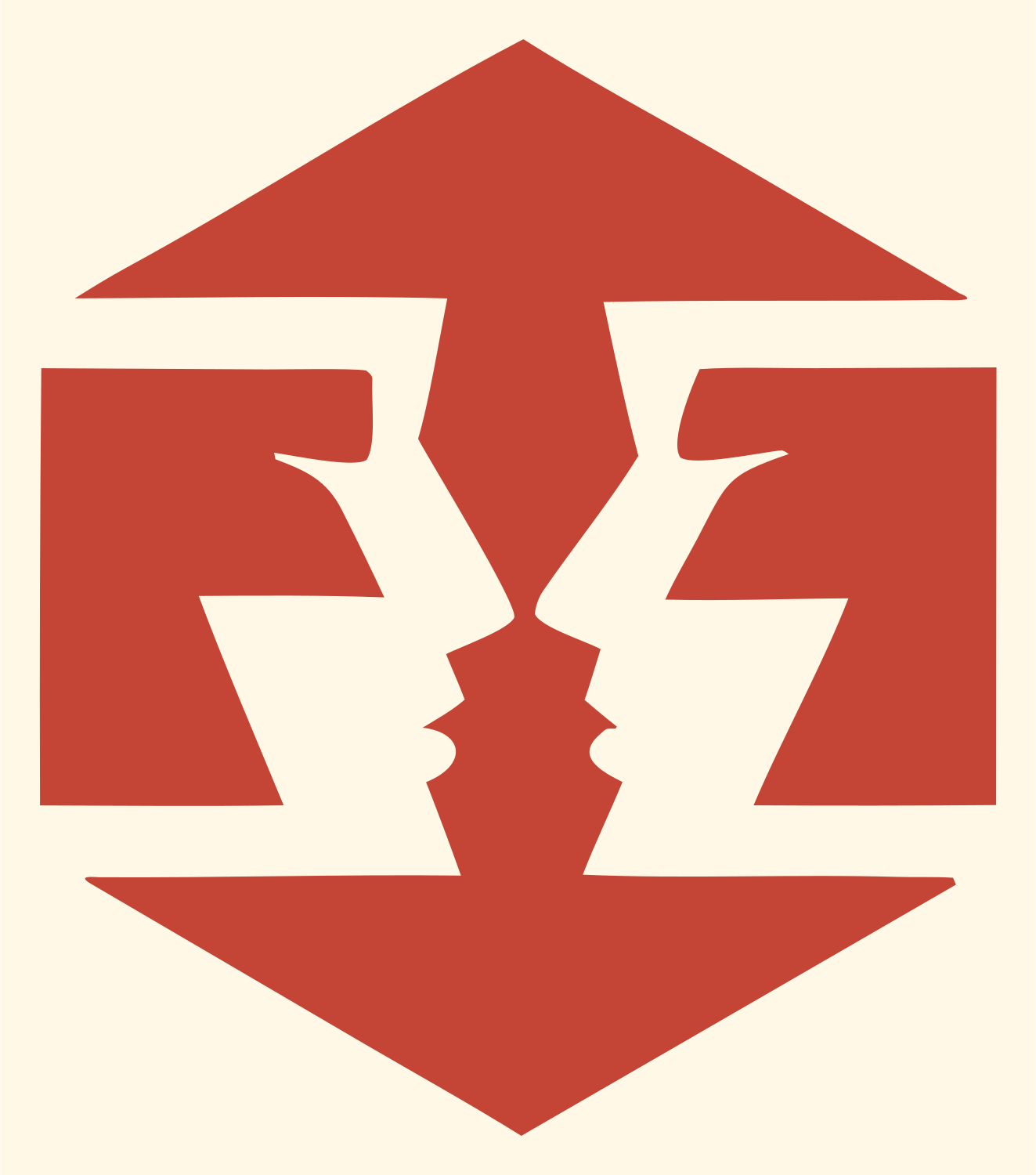 Hexagon Dual Faces Gemini Badge #fff8e7/#c44536