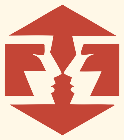 Hexagon Dual Faces Gemini Badge #fff8e7/#c44536