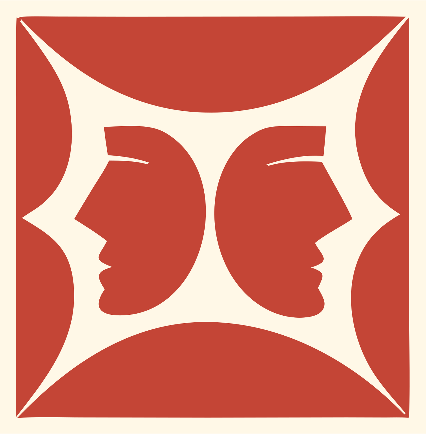 Mirrored Faces Gemini Crest #fff8e7/#c44536
