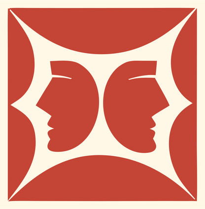 Mirrored Faces Gemini Crest #fff8e7/#c44536