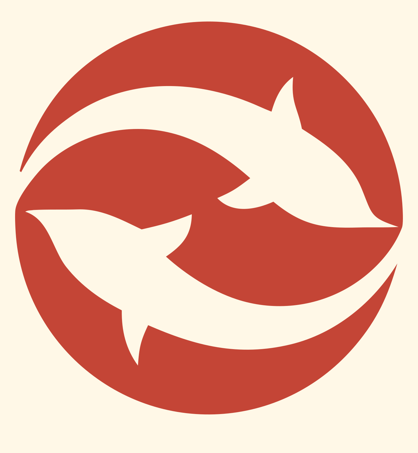 Negative Space Dual Fish Logo #fff8e7/#c44536