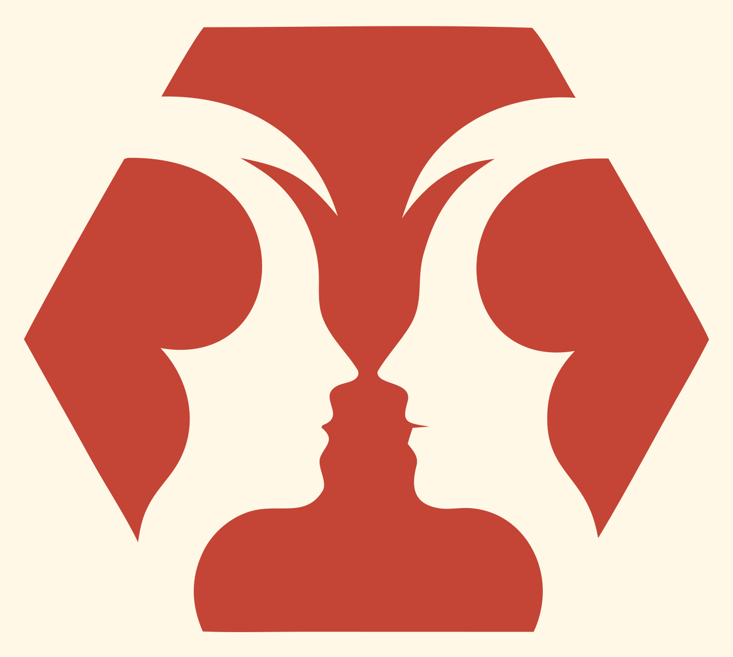 Negative Space Twin Faces Hexagon Badge #fff8e7/#c44536