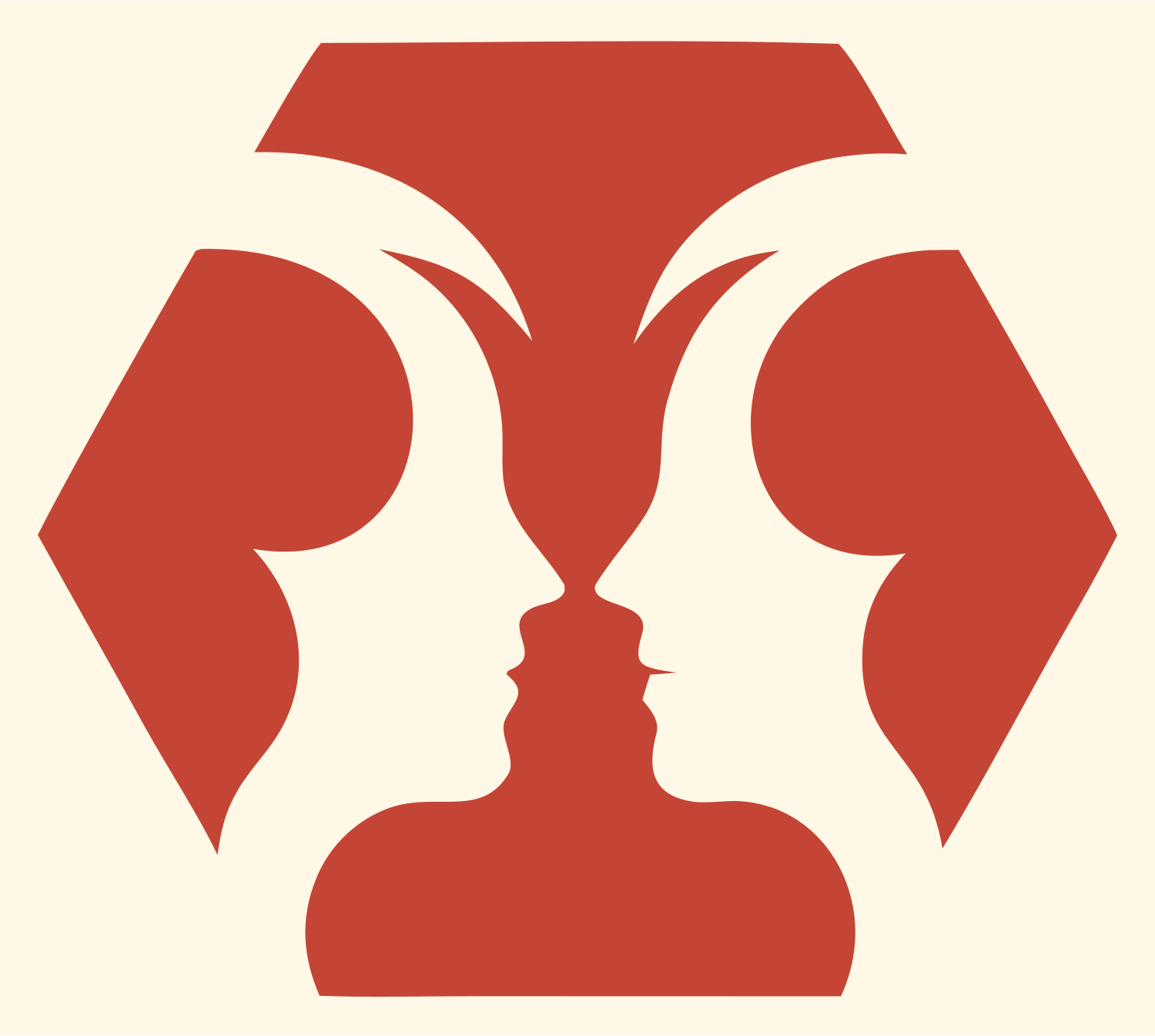 Negative Space Twin Faces Hexagon Badge #fff8e7/#c44536