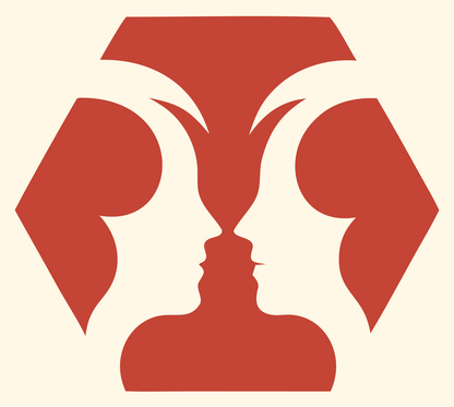 Negative Space Twin Faces Hexagon Badge #fff8e7/#c44536