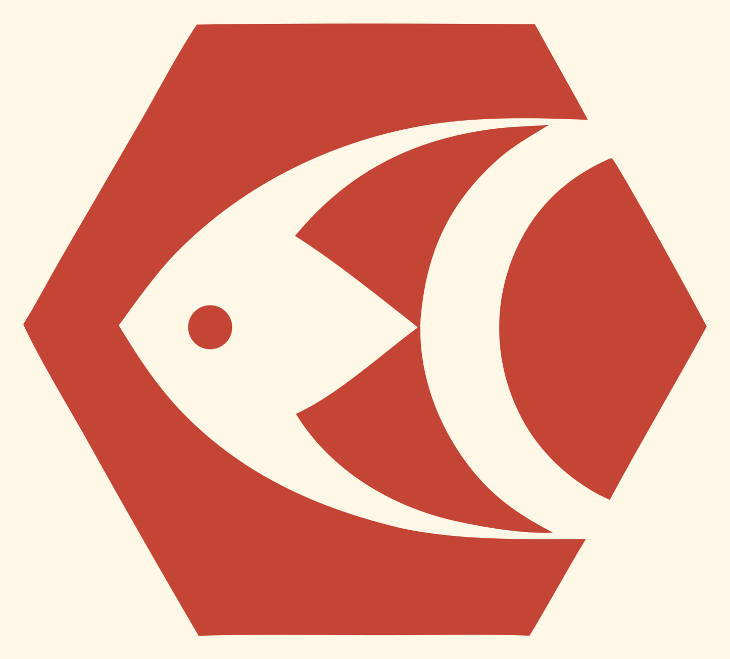 Geometric Fish Hexagon Badge #fff8e7/#c44536