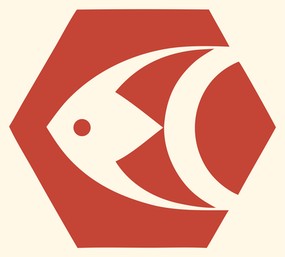 Geometric Fish Hexagon Badge #fff8e7/#c44536