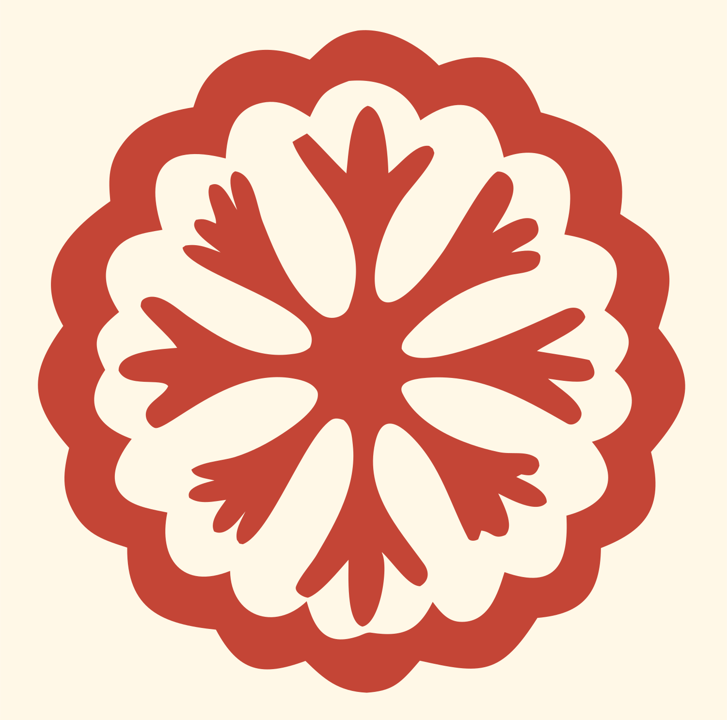 Hand-Drawn Snowflake Rosette Badge #fff8e7/#c44536