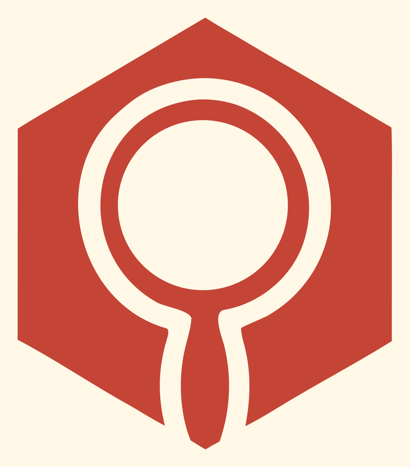 Hexagon Magnifying Glass Badge #fff8e7/#c44536