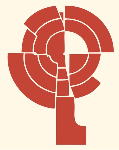 Segmented Magnifying Glass Crest #fff8e7/#c44536