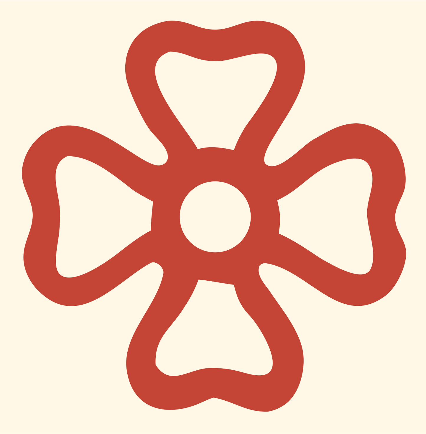 Bold Four-Petal Flower Cross Badge #fff8e7/#c44536