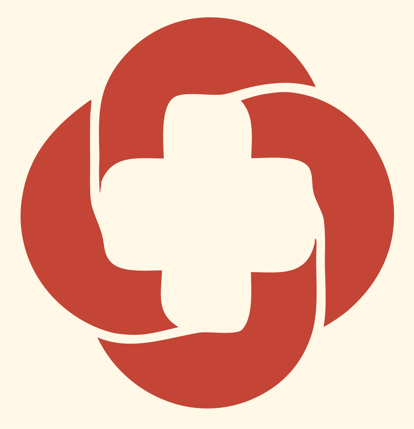 Rotating Orbit Cross Badge #fff8e7/#c44536