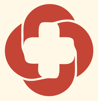 Rotating Orbit Cross Badge #fff8e7/#c44536