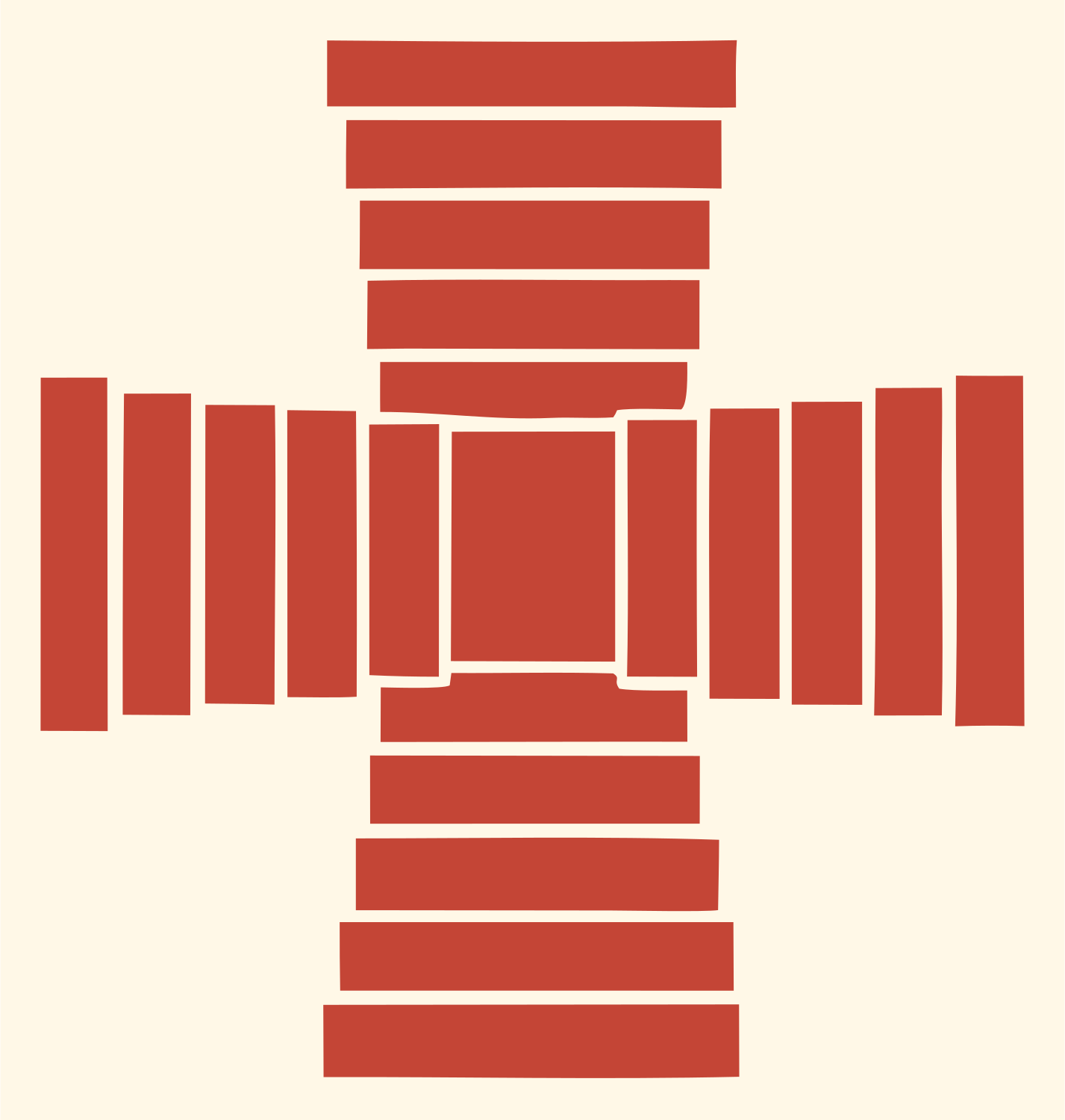 Blocky Striped Cross Badge #fff8e7/#c44536