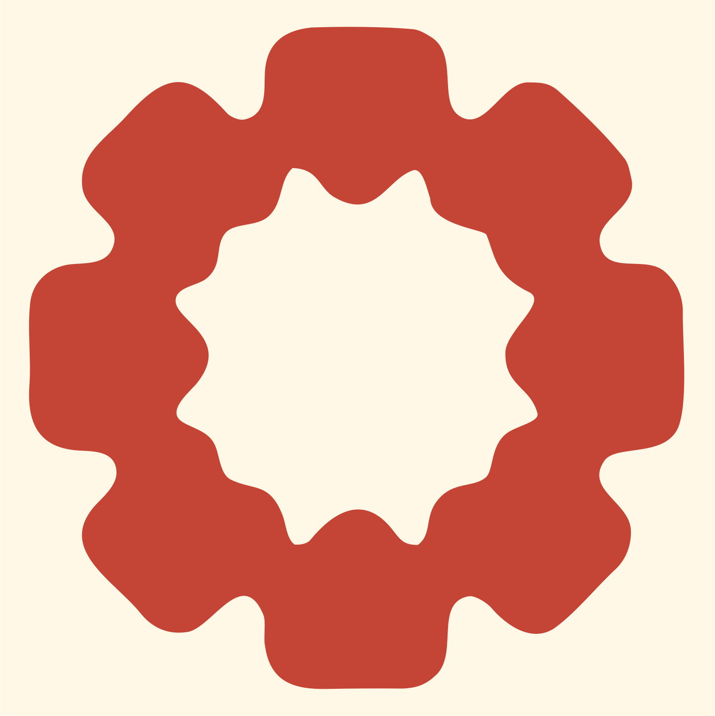 Blocky Gear Sun Badge #fff8e7/#c44536